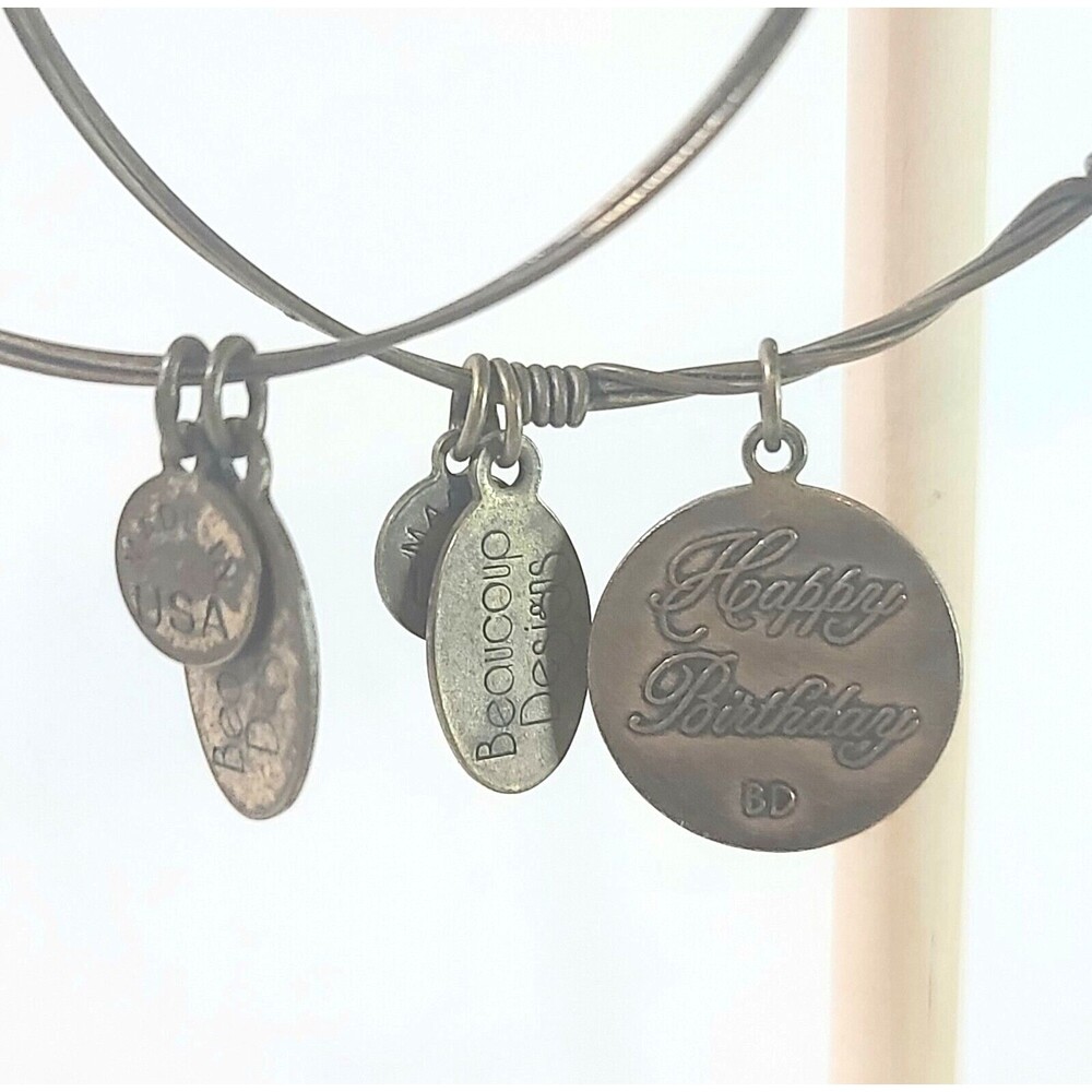 Beaucoup Designs Bronze Tone Happy Birthday Wire Charm Bangle Bracelets Set 2